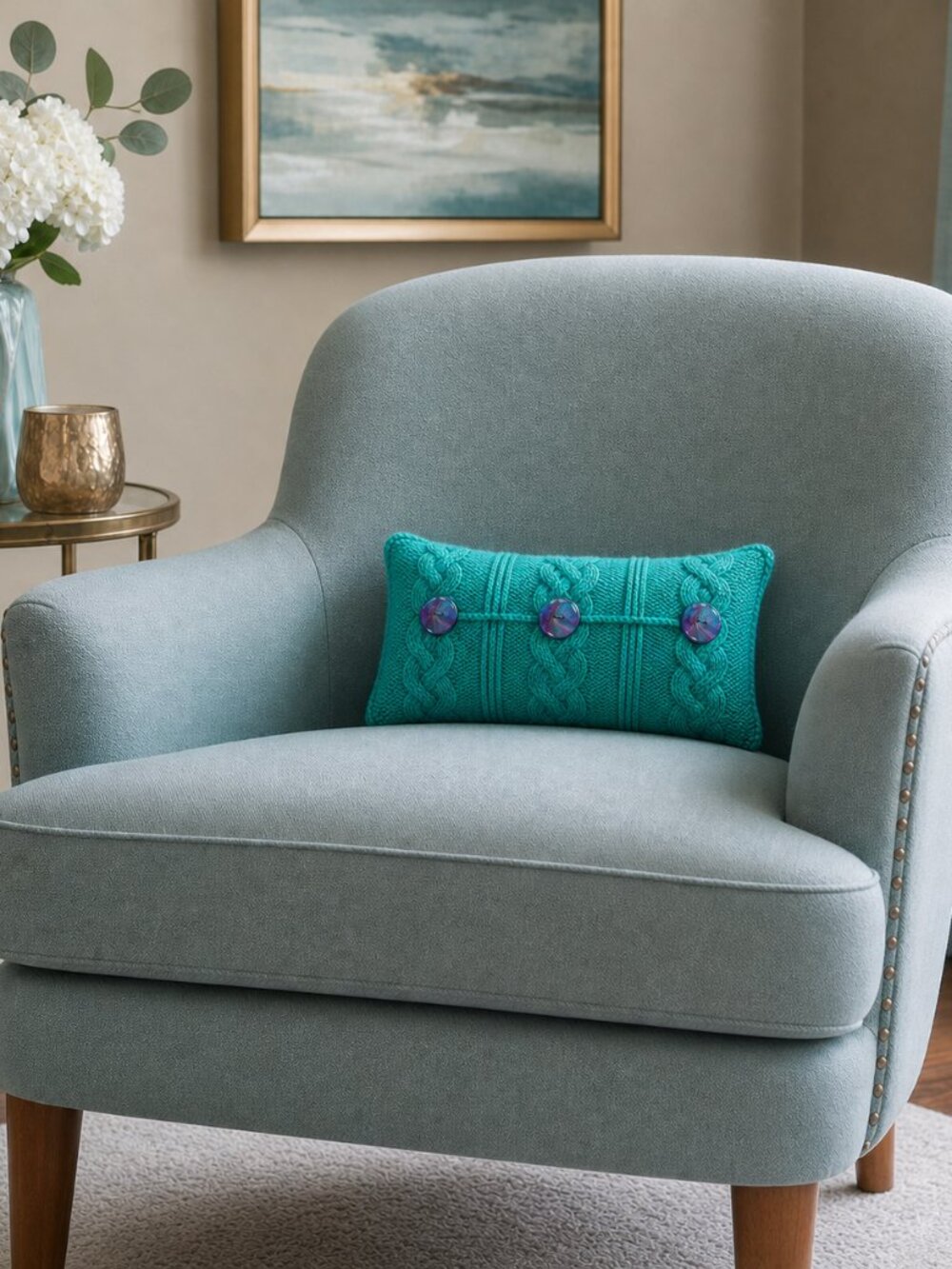 Hand Crafted Throw Pillow Hand Knit Turquoise Cable Hand Painted Button